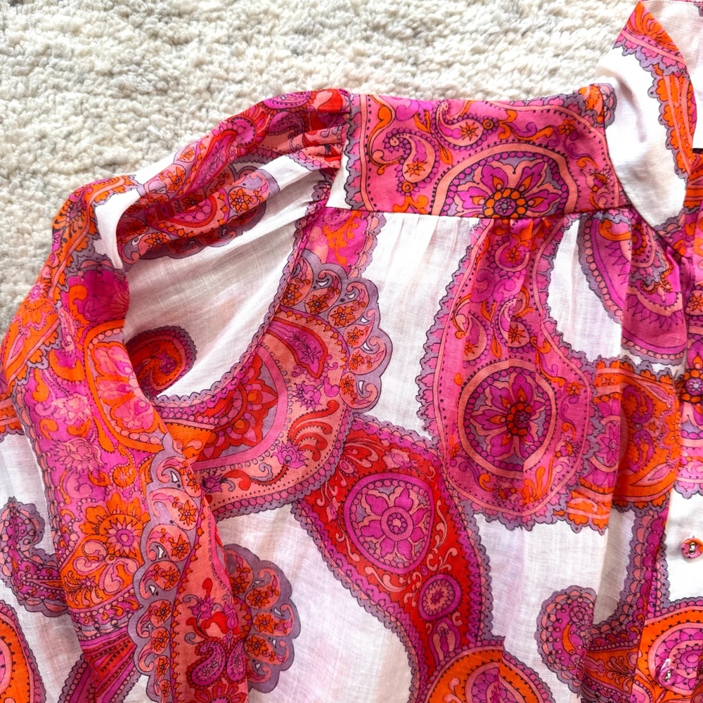 NWT! Zimmermann Peggy Orange/Pink Paisley Linen Button Down Long Sleeve Blouse - Picture 8 of 11